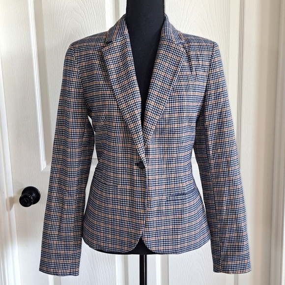 Merona Plaid Navy Orange Wool Blend Causal With Pockets Blazer Jacket - Picture 10 of 10